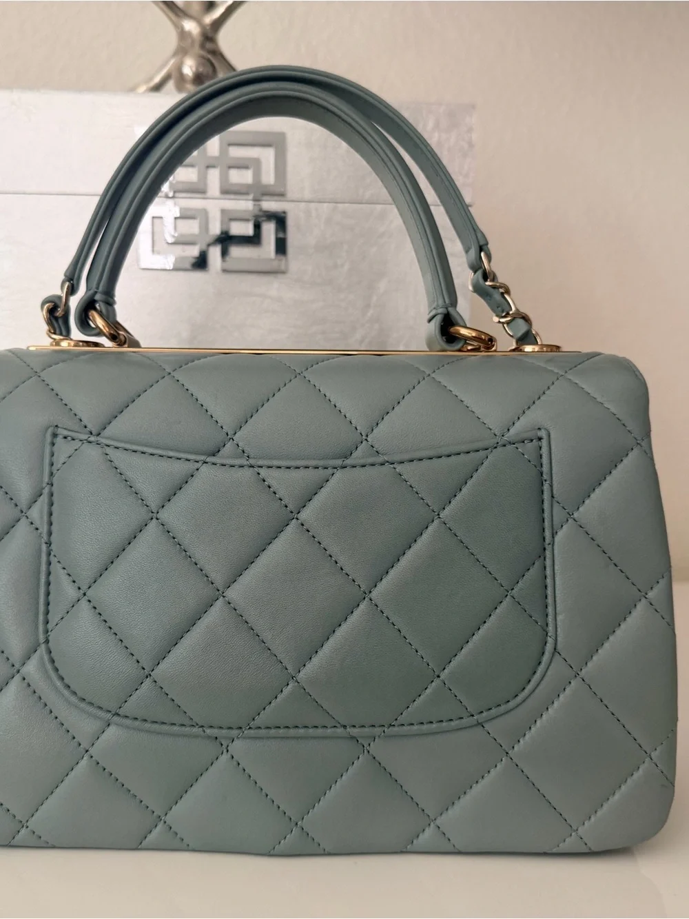 CHANEL Sage Green Quilted Top Handle Satchel with Gold Hardware